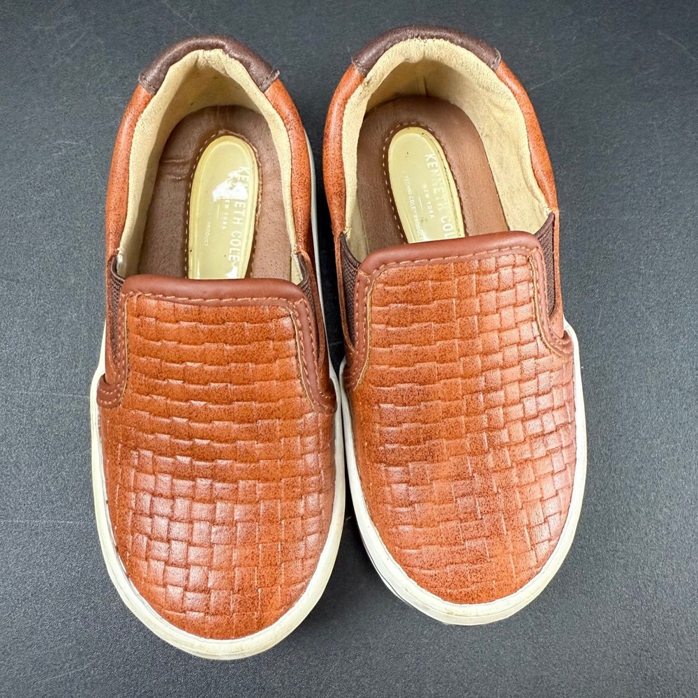 Kenneth‎ Cole New York Kids Boys Leather Woven Cognac Slip On Loafer Shoes